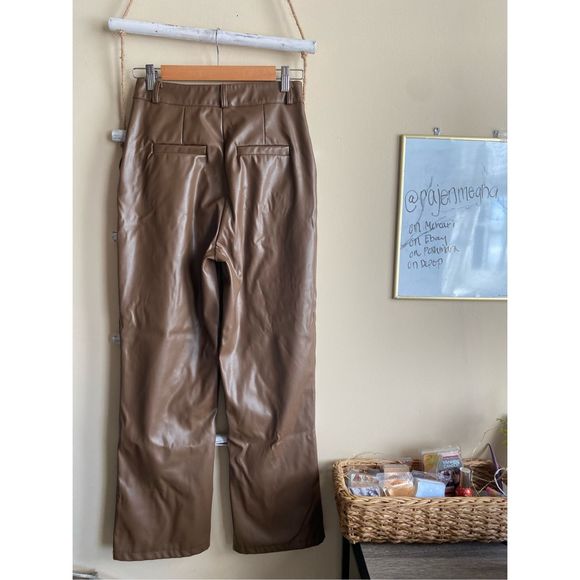 ZARA Medium Brown Leather Pants High Waist Straight Leg Jean - Picture 7 of 10
